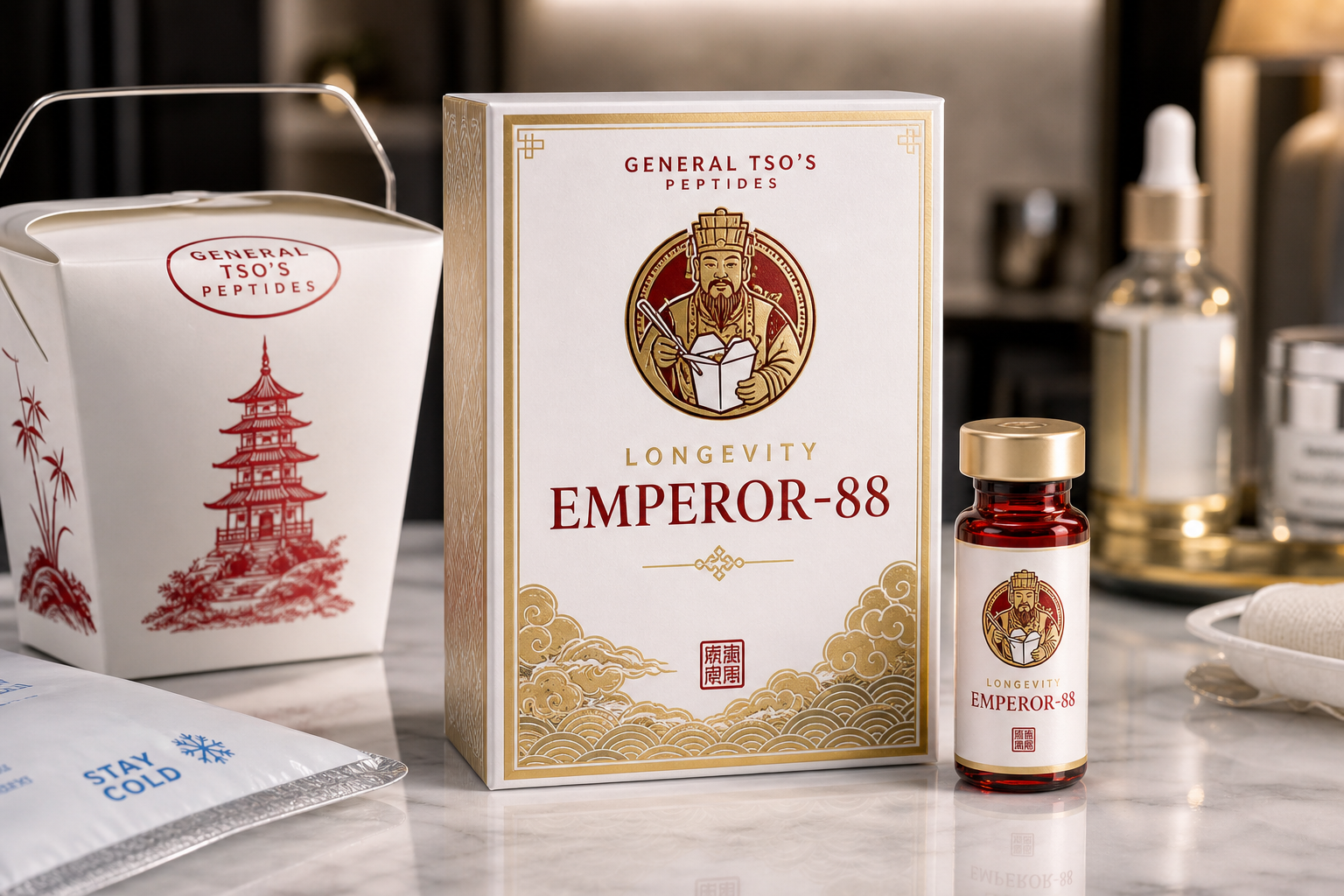 General Tso's Peptides product shipment with vials and takeout packaging